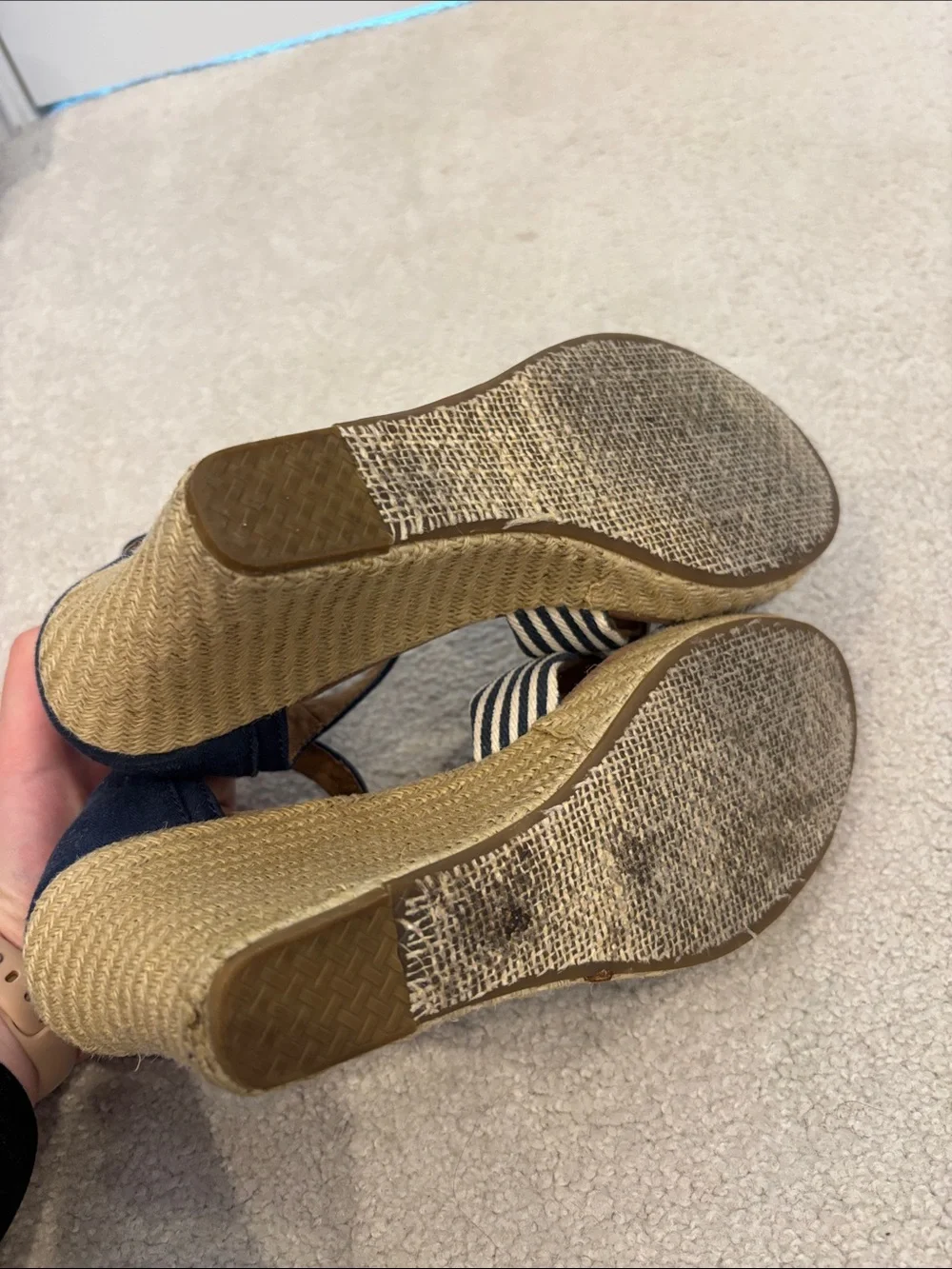 Toms Navy and White Striped Crisscross Wedge Sandals with Ankle Strap
